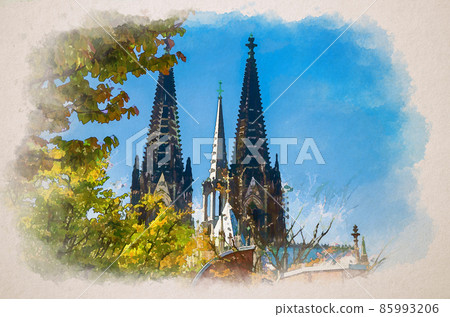 Watercolor drawing of Two huge spires of Cologne Cathedral Roman Catholic Church Saint Peter gothic architectural style building and tree crown 85993206