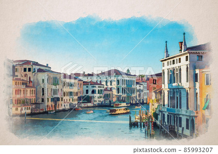 Watercolor drawing of Venice cityscape with Grand Canal waterway. Vaporettos and boats sailing Canal Grande. Baroque style buildings 85993207