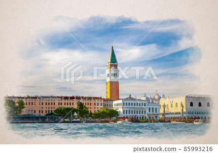Watercolor drawing of Venice cityscape with San Marco basin of Venetian lagoon water, Procuratie Vecchie, Campanile bell tower 85993216