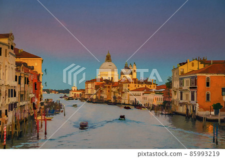 Watercolor drawing of Venice cityscape with Grand Canal waterway. Buildings with evening lights along Grand Canal. Santa Maria della Salute 85993219