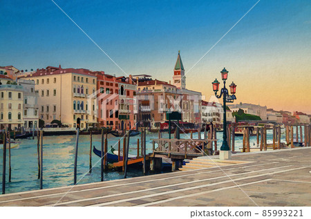 Watercolor drawing of Venice evening view with Fondamenta Salute embankment promenade near pier of Grand Canal waterway Watercolor drawing of Venice evening view with Fondamenta Salute embankment promenade near pier of Grand Canal waterway 85993221