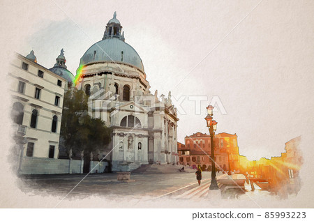 Watercolor drawing of Basilica di Santa Maria della Salute Catholic church on Punta della Dogana on Fondamenta Salute embankment 85993223