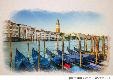 Watercolor drawing of Gondolas moored in water of Grand Canal waterway in Venice. Baroque style colorful buildings along Canal Grande Watercolor drawing of Gondolas moored in water of Grand Canal waterway in Venice. Baroque style colorful buildings along Canal Grande 85993224
