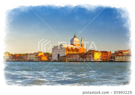 Watercolor drawing of Chiesa del Santissimo Redentore catholic church and row of buildings on fondamenta embankment of Giudecca island 85993229