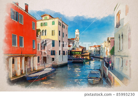 Watercolor drawing of Venice: people tourists are walking down fondamenta embankment promenade of narrow water canal with moored boats Watercolor drawing of Venice: people tourists are walking down fondamenta embankment promenade of narrow water canal with moored boats 85993230