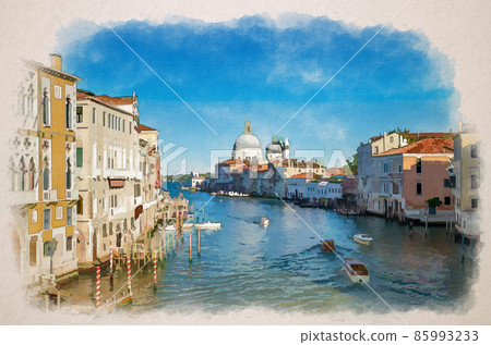 Watercolor drawing of Venice cityscape with Grand Canal waterway. Gondolas, boats, vaporettos docked sailing Canal Grande 85993233