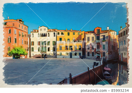 Watercolor drawing of Campo San Anzolo Sant'Angelo square with typical italian buildings of Venetian architecture and narrow water canal in Venice Watercolor drawing of Campo San Anzolo Sant'Angelo square with typical italian buildings of Venetian architecture and narrow water canal in Venice 85993234
