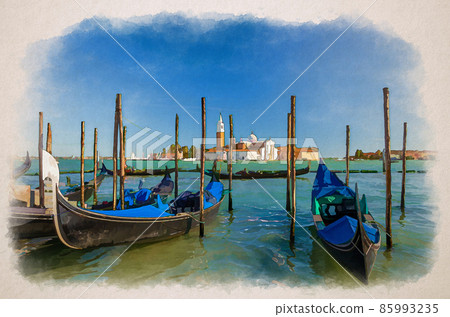 Watercolor drawing of Gondolas moored docked on water in Venice. Gondoliers sailing San Marco basin waterway. San Giorgio Maggiore island Watercolor drawing of Gondolas moored docked on water in Venice. Gondoliers sailing San Marco basin waterway. San Giorgio Maggiore island 85993235