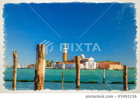 Watercolor drawing of San Giorgio Maggiore island with Campanile San Giorgio in Venetian Lagoon, wooden poles in water of San Marco basin Watercolor drawing of San Giorgio Maggiore island with Campanile San Giorgio in Venetian Lagoon, wooden poles in water of San Marco basin 85993236