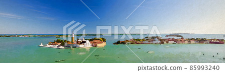 Watercolor drawing of Aerial panoramic view of Venetian Lagoon with San Giorgio Maggiore island, Lido island and Giudecca island 85993240