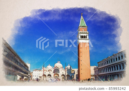 Watercolor drawing of Piazza San Marco St Mark's Square in Venice, Patriarchal Cathedral Basilica of Saint Mark Archdiocese 85993242