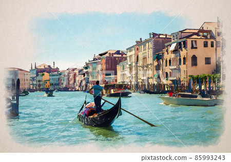 Watercolor drawing of Venice: gondolier and tourists on gondola traditional boat sailing on water of Grand Canal waterway with Venetian architecture 85993243