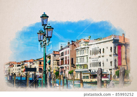 Watercolor drawing of Pier dock with wooden poles of Grand Canal waterway in Venice historical city centre with row of colorful buildings Venetian architecture Watercolor drawing of Pier dock with wooden poles of Grand Canal waterway in Venice historical city centre with row of colorful buildings Venetian architecture 85993252