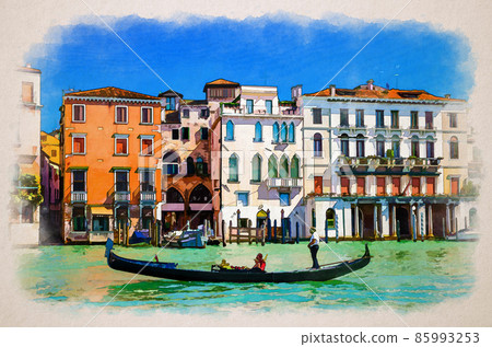 Watercolor drawing of Venice: gondolier and tourists on gondola traditional boat sailing on water of Grand Canal waterway 85993253