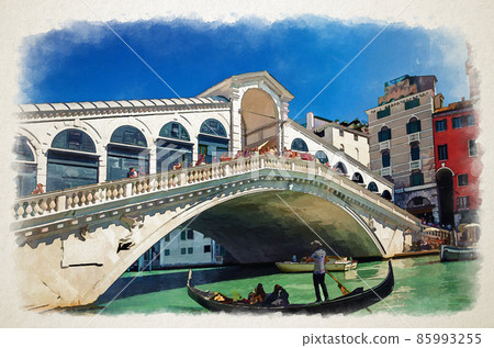 Watercolor drawing of Venice: gondolier on gondola traditional boat sailing on water of Grand Canal waterway under Rialto Bridge Watercolor drawing of Venice: gondolier on gondola traditional boat sailing on water of Grand Canal waterway under Rialto Bridge 85993255