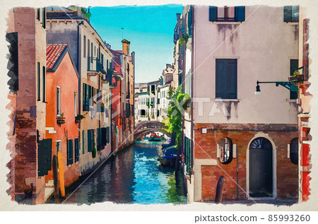 Watercolor drawing of Venice cityscape with narrow water canal with boats moored between old colorful buildings and stone bridge 85993260