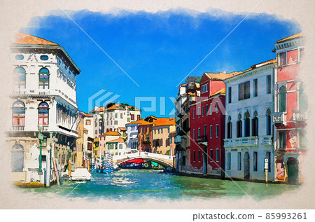 Watercolor drawing of Venice Grand Canal waterway cross Cannaregio Canal with Palazzo Labia palace, Ponte delle Guglie bridge Watercolor drawing of Venice Grand Canal waterway cross Cannaregio Canal with Palazzo Labia palace, Ponte delle Guglie bridge 85993261