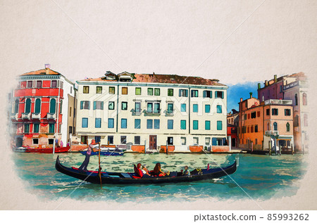 Watercolor drawing of Venice: gondolier on gondola with tourists people sailing in Grand Canal waterway in front of Palazzo Querini Papozze palace Watercolor drawing of Venice: gondolier on gondola with tourists people sailing in Grand Canal waterway in front of Palazzo Querini Papozze palace 85993262
