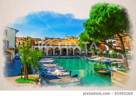 Watercolor drawing of Desenzano del Garda Old harbour with boats on turquoise water, green trees, street restaurants and traditional buildings 85993268