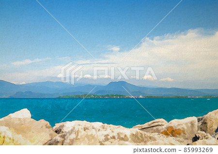 Watercolor drawing of View from stone pier mole of Garda Lake azure water with Monte Baldo mountain range and Sirmione peninsula 85993269