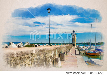 Watercolor drawing of Stone pier mole with lighthouse, street lights and yachts on boat parking port marina in Desenzano del Garda town Watercolor drawing of Stone pier mole with lighthouse, street lights and yachts on boat parking port marina in Desenzano del Garda town 85993270