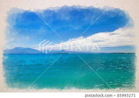 Watercolor drawing of Garda Lake azure turquoise water with view of Monte Baldo mountain range and Sirmione peninsula 85993271