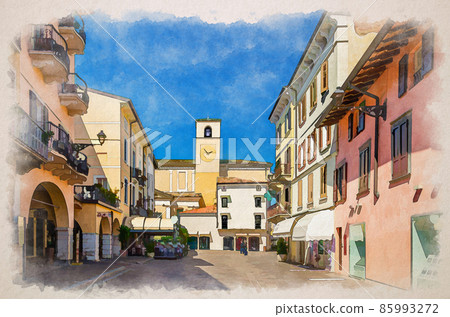 Watercolor drawing of Desenzano del Garda: bell and clock tower of Duomo di Santa Maria Maddalena Cathedral catholic church building 85993272