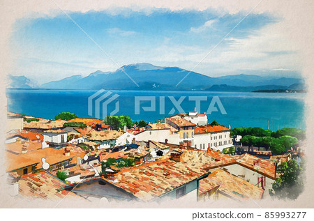 Watercolor drawing of Aerial panoramic view of Desenzano del Garda town with red tiled roof buildings, Garda Lake water, Monte Baldo mountain range 85993277