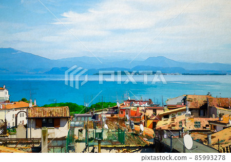Watercolor drawing of Aerial panoramic view of Desenzano del Garda town with red tiled roof buildings, Garda Lake water, Monte Baldo mountain range 85993278