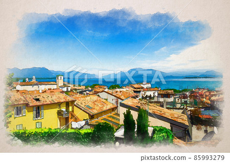 Watercolor drawing of Aerial panoramic view of Desenzano del Garda town with red tiled roof buildings, Garda Lake water, Monte Baldo mountain range 85993279