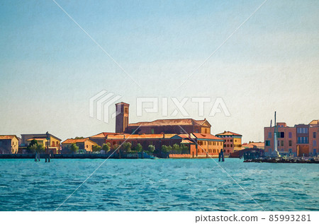 Watercolor drawing of View from sea lagoon of Chioggia town cityscape with Saint Domenico catholic church and old buildings in historical centre 85993281