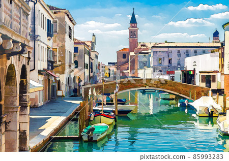 Watercolor drawing of Chioggia cityscape with narrow water canal with moored multicolored boats, old buildings, brick bridge Watercolor drawing of Chioggia cityscape with narrow water canal with moored multicolored boats, old buildings, brick bridge 85993283