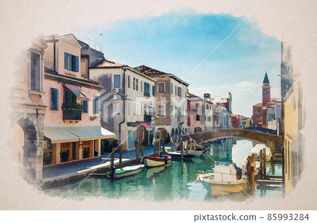 Watercolor drawing of Chioggia cityscape with narrow water canal Vena with moored multicolored boats between old colorful buildings 85993284