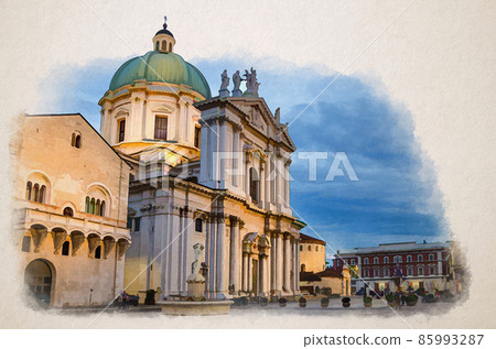 Watercolor drawing of Palazzo del Broletto palace, Cathedral of Santa Maria Assunta, Duomo Nuovo or New Cathedral Roman Catholic church Watercolor drawing of Palazzo del Broletto palace, Cathedral of Santa Maria Assunta, Duomo Nuovo or New Cathedral Roman Catholic church 85993287