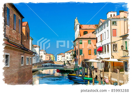 Watercolor drawing of Chioggia cityscape with narrow water canal Vena with moored multicolored boats between old colorful buildings 85993288