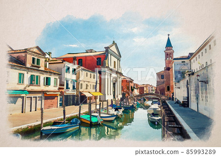 Watercolor drawing of Chioggia cityscape with narrow water canal Vena with moored multicolored boats, Chiesa dei Filippini church 85993289