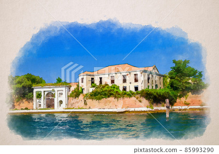 Watercolor drawing of Old building and brick defense wall of Fortress Forte San Felice di Chioggia in island near Sottomarina town Watercolor drawing of Old building and brick defense wall of Fortress Forte San Felice di Chioggia in island near Sottomarina town 85993290