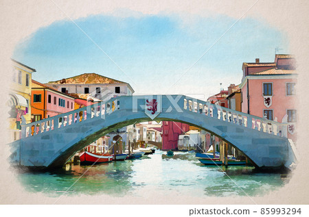 Watercolor drawing of Stone bridge Ponte di Vigo across Vena water canal with colorful boats and old buildings in historical centre of Chioggia town 85993294