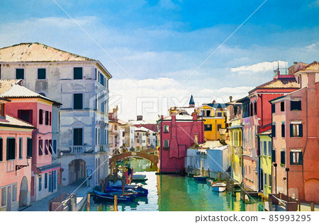 Watercolor drawing of Chioggia cityscape with narrow water canal Vena with moored multicolored boats between old colorful buildings Watercolor drawing of Chioggia cityscape with narrow water canal Vena with moored multicolored boats between old colorful buildings 85993295