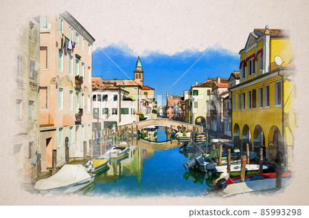 Watercolor drawing of Chioggia cityscape with narrow water canal Vena with moored multicolored boats between old colorful buildings 85993298