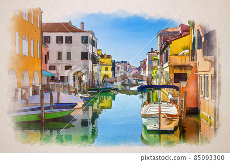 Watercolor drawing of Chioggia cityscape with narrow water canal Vena with moored multicolored boats between old colorful buildings Watercolor drawing of Chioggia cityscape with narrow water canal Vena with moored multicolored boats between old colorful buildings 85993300