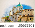 Watercolor drawing of Santa Maria Assunta Cathedral, Duomo Nuovo and Duomo Vecchio La Rotonda, New and Old Cathedral Roman Catholic church 85993301
