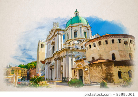 Watercolor drawing of Santa Maria Assunta Cathedral, Duomo Nuovo and Duomo Vecchio La Rotonda, New and Old Cathedral Roman Catholic church 85993301