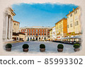 Watercolor drawing of Brescia: Piazza Paolo VI Square with Santa Maria Assunta New Cathedral, Duomo Nuovo Catholic church 85993302