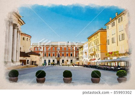 Watercolor drawing of Brescia: Piazza Paolo VI Square with Santa Maria Assunta New Cathedral, Duomo Nuovo Catholic church Watercolor drawing of Brescia: Piazza Paolo VI Square with Santa Maria Assunta New Cathedral, Duomo Nuovo Catholic church 85993302
