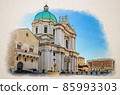 Watercolor drawing of Palazzo del Broletto palace, Cathedral of Santa Maria Assunta, Duomo Nuovo or New Cathedral Roman Catholic church 85993303