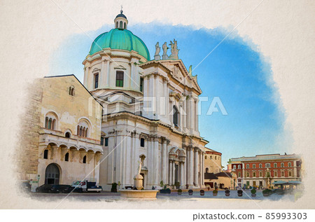 Watercolor drawing of Palazzo del Broletto palace, Cathedral of Santa Maria Assunta, Duomo Nuovo or New Cathedral Roman Catholic church 85993303
