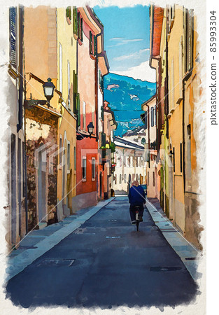 Watercolor drawing of Brescia Typical italian street with old colorful buildings with multicolored walls and man on bicycle on road Watercolor drawing of Brescia Typical italian street with old colorful buildings with multicolored walls and man on bicycle on road 85993304