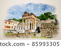 Watercolor drawing of Capitolium of Brixia or Temple of Capitoline Triad or Tempio Capitolino ruins and Santuario Repubblicano, Brescia city 85993305