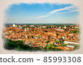 Watercolor drawing of Aerial panoramic view of old historical city centre of Brescia city with churches, towers and medieval buildings with red tiled roofs 85993308